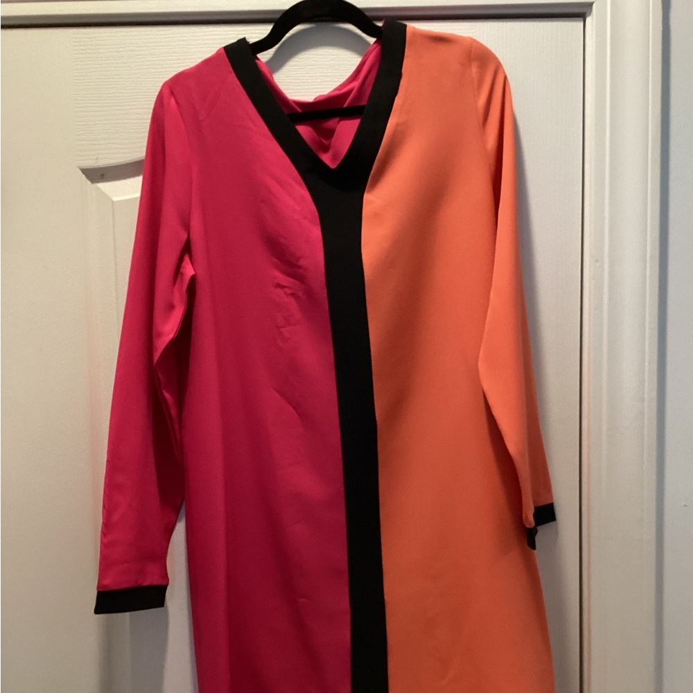 Colorblock Pink & Orange V-Neck Women’s Dress